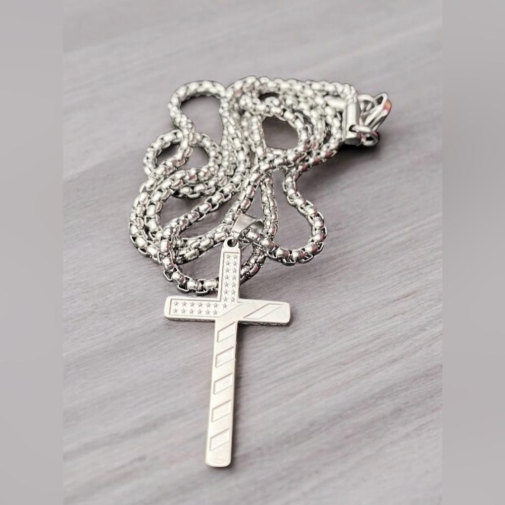 Stainless Steel American Flag Patriotic Cross Pendant Necklace NEW